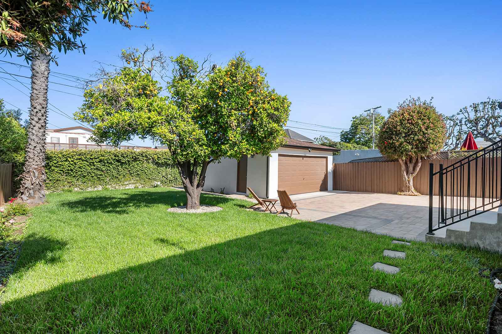 Backyard with citrus trees and pavers